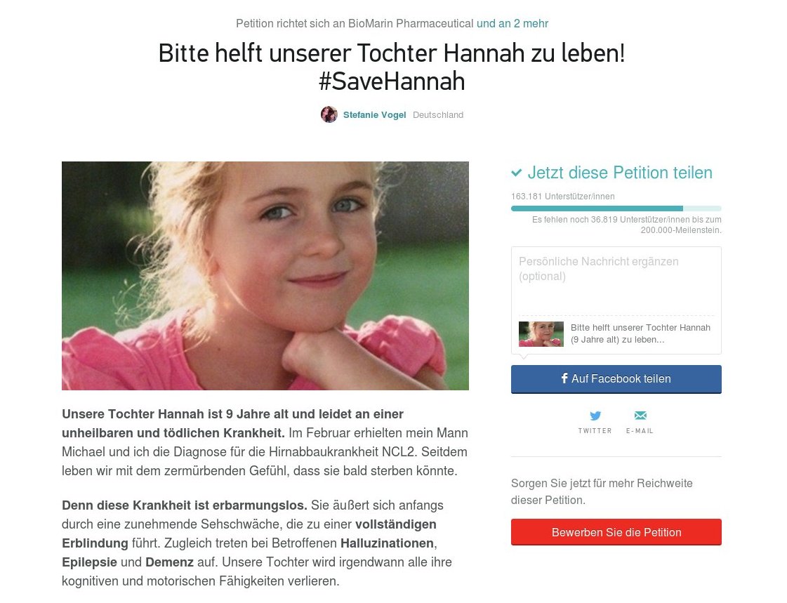 #SaveHannah Petition NCL2 Kinderdemenz