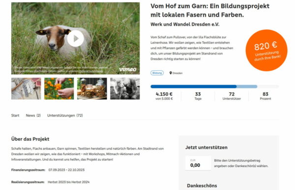 Crowdfunding “Vom Hof zum Garn” Ein Bildungsprojekt mit lokalen Fasern und Farben. Werk und Wandel Dresden e.V.